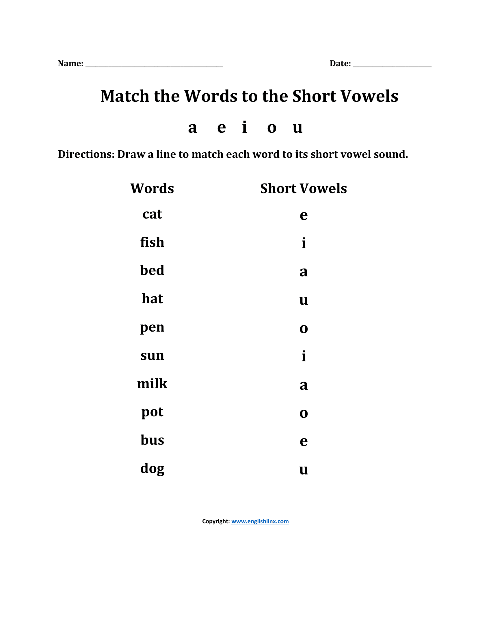 Match Short Vowels Sounds Worksheets