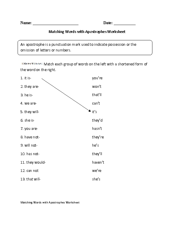 Matching Words with Apostrophes Worksheet