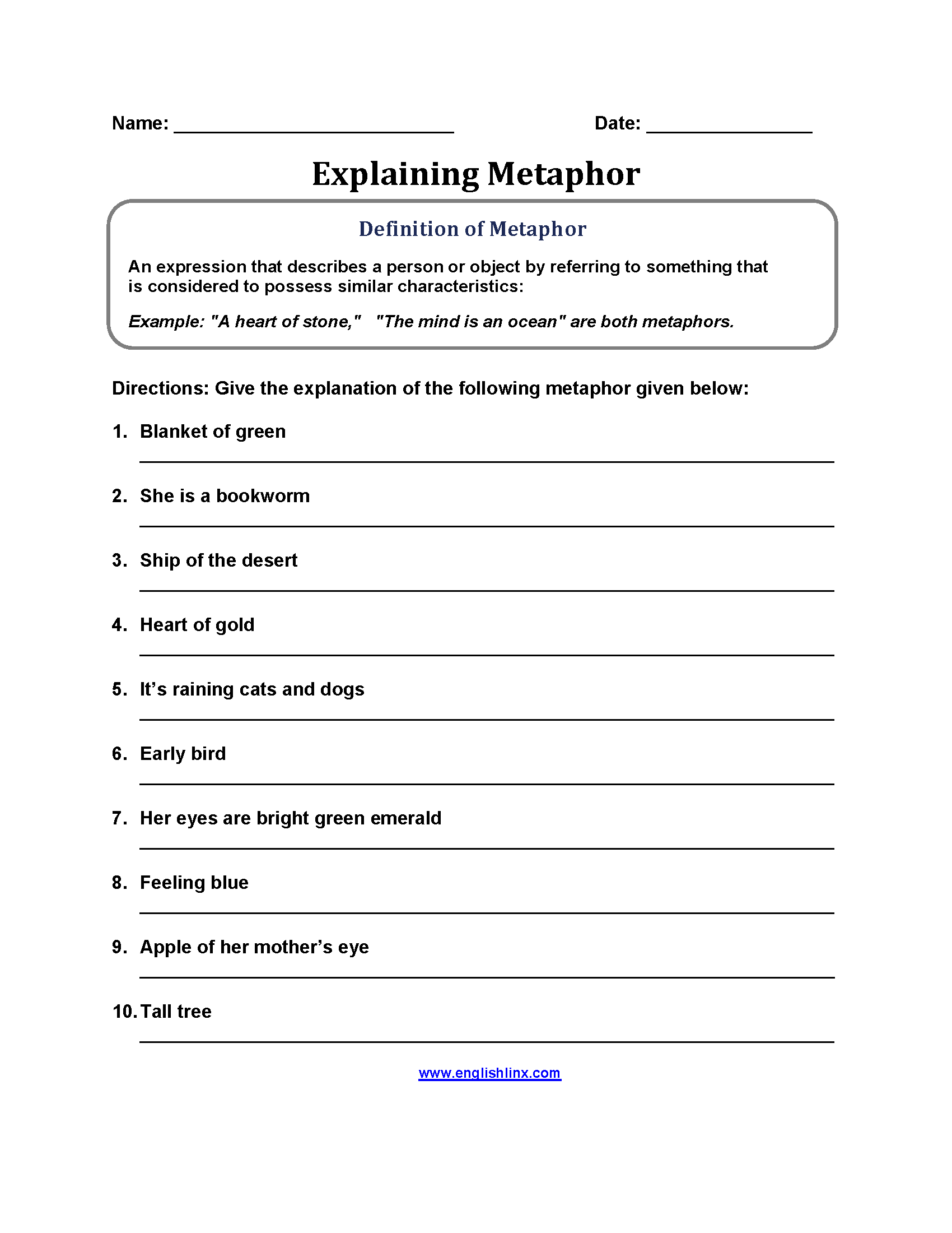 Metaphor Explaining Worksheets