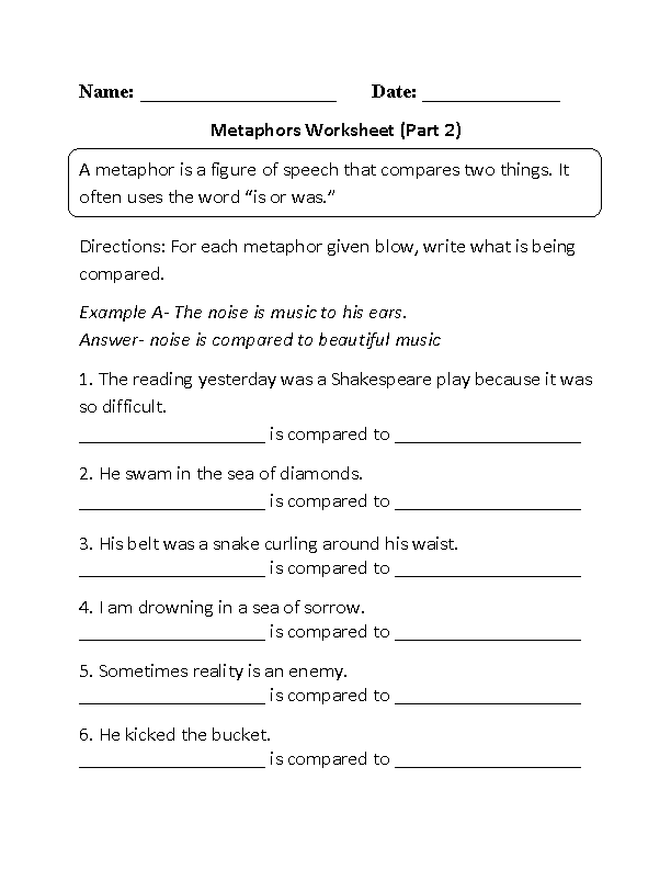 Metaphor Worksheet Part 2 Beginner