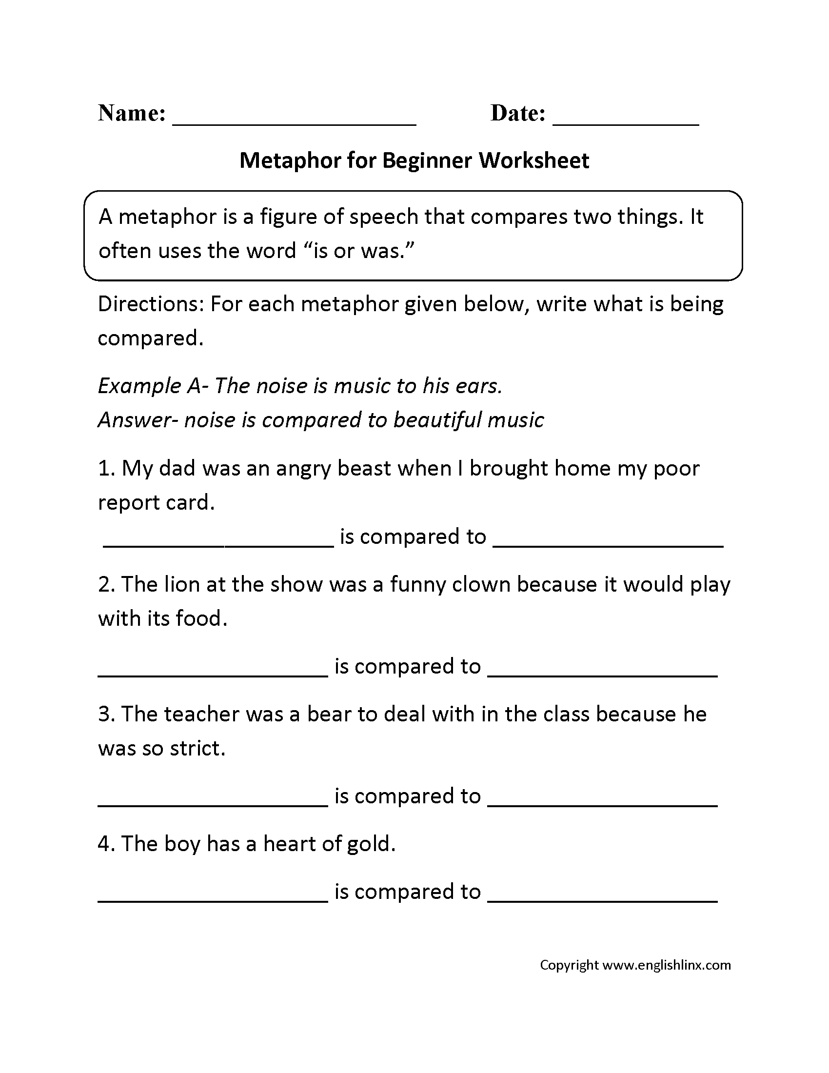 Metaphor for Beginner Worksheets