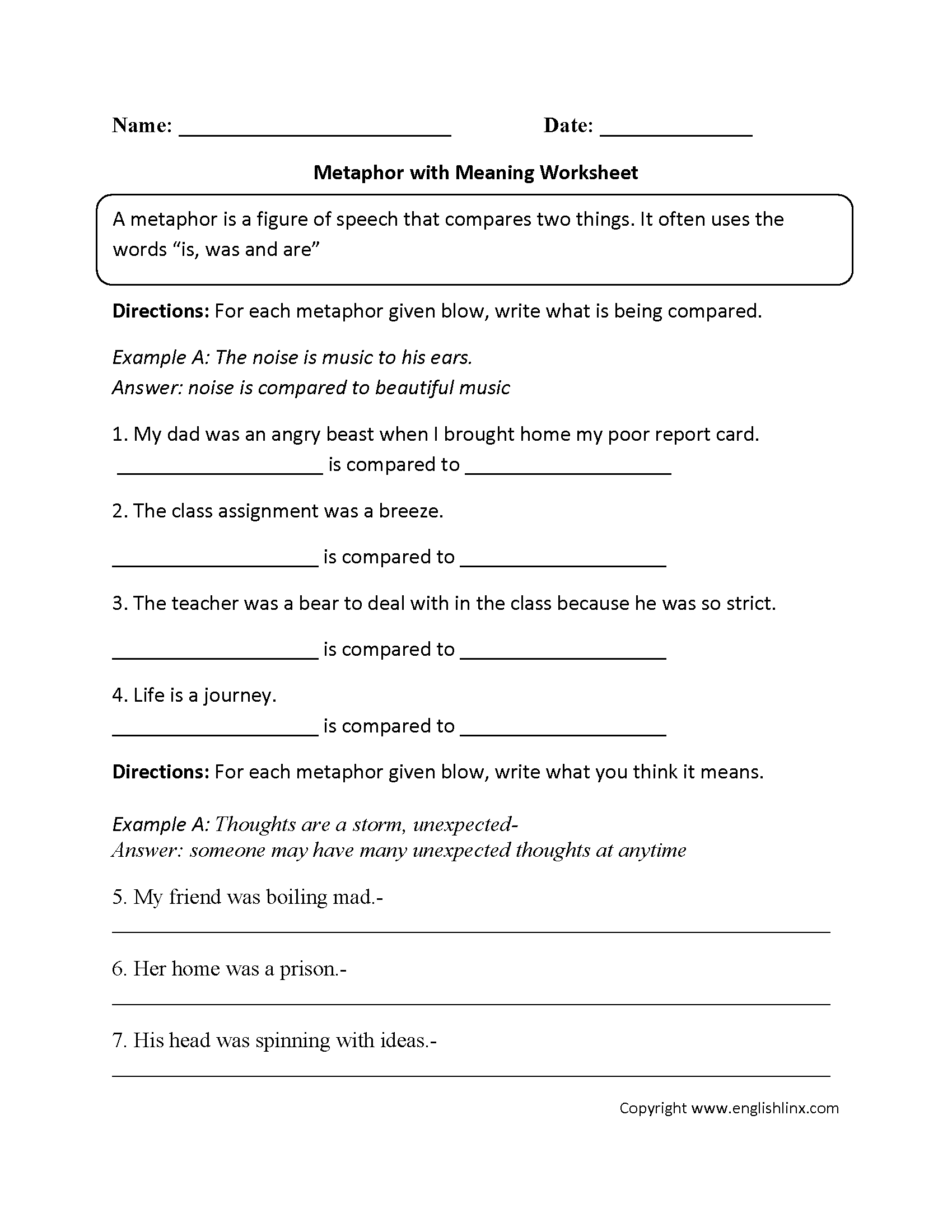 Figurative Language Worksheets Metaphor Worksheets