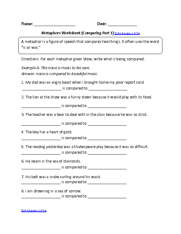 Metaphors Worksheet ELA-Literacy.L.6.5a Language Worksheet