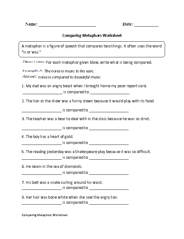 Metaphors Worksheets | Comparing in Metaphors Worksheet