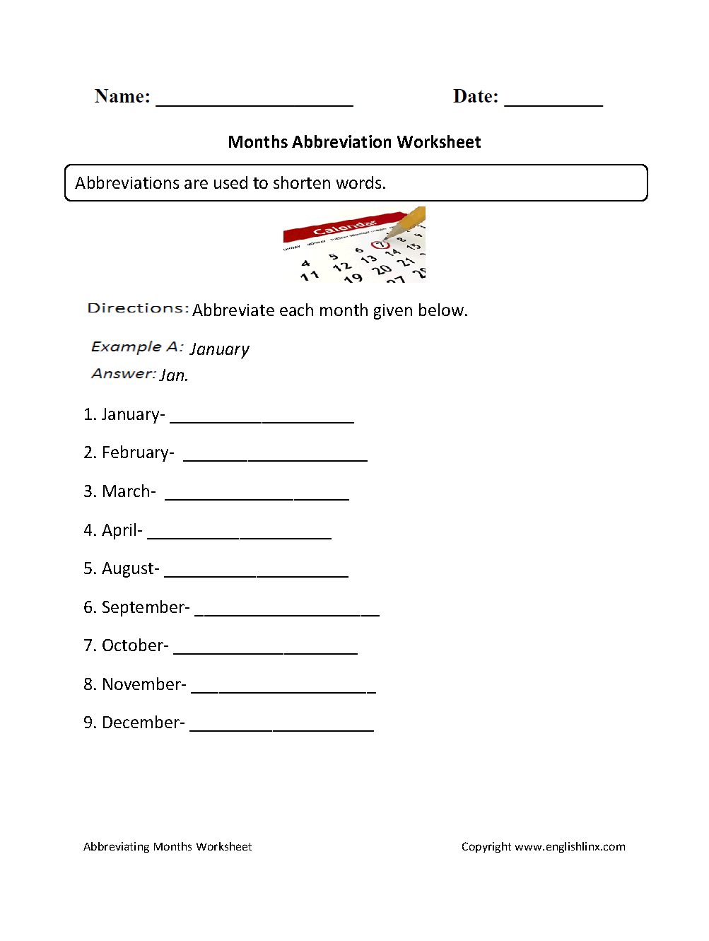 Days of the Week Abbreviation Worksheets