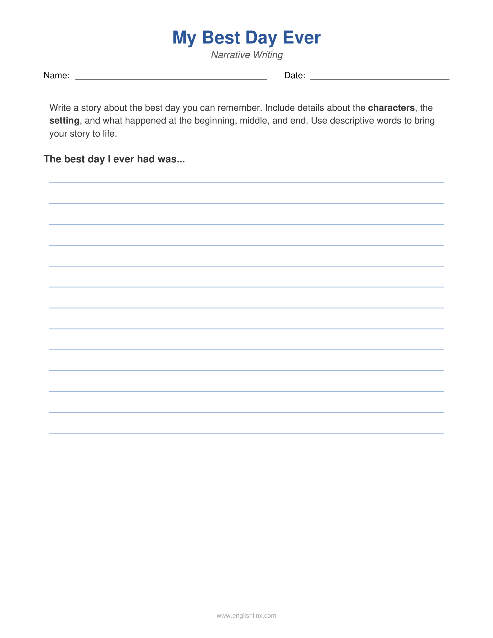 My Best Day Ever 3rd Grade Writing Worksheets