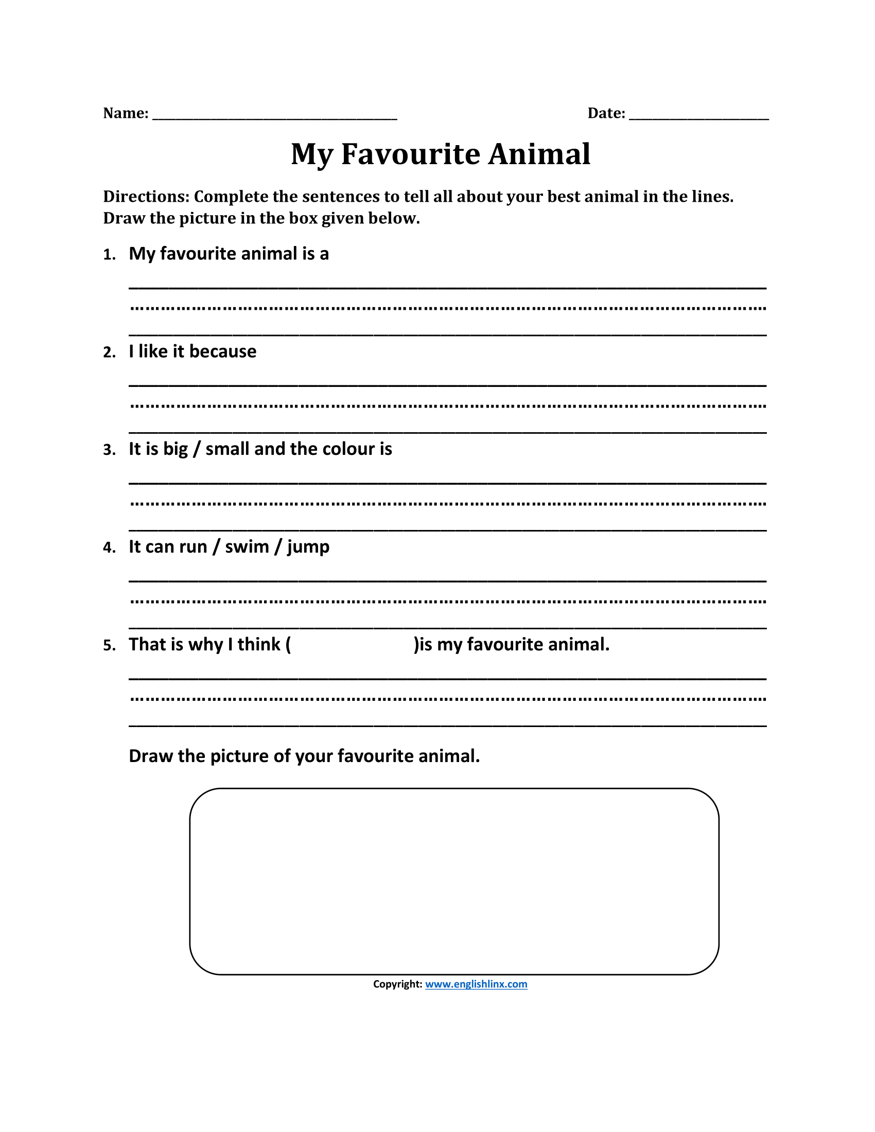 My Favorite Animal Kindergarten Writing Worksheets