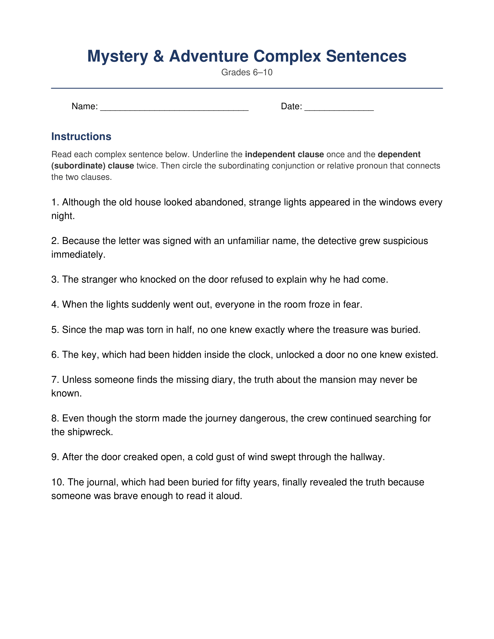 Mystery Adventure Complex Sentences Worksheets