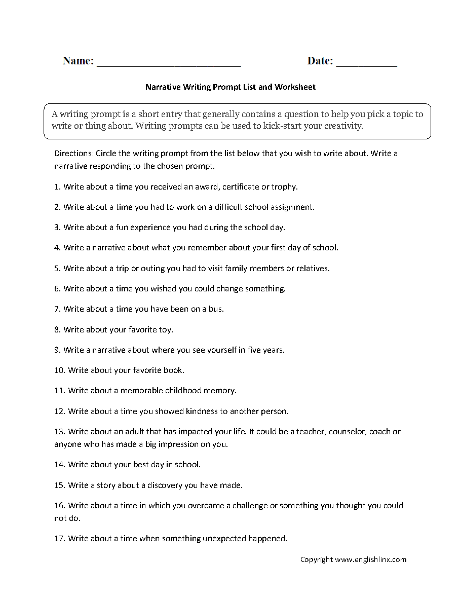 Narrative List Writing Prompt Worksheet