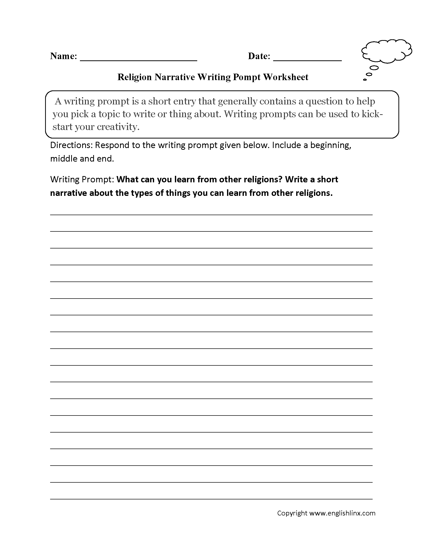 Learn from Religion Narrative Writing Prompt Worksheet