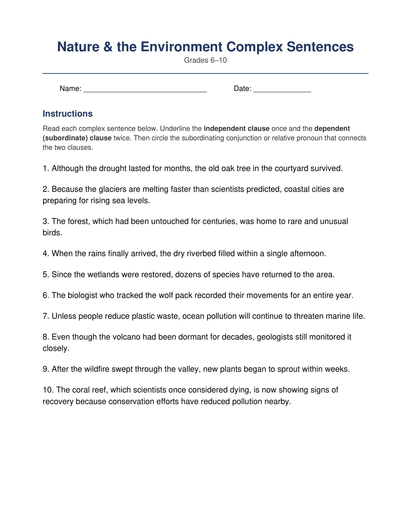 Nature Environment Complex Sentences Worksheets