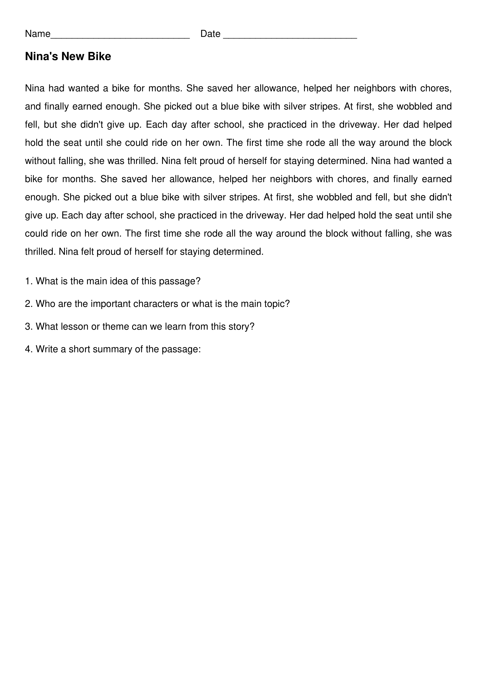 Nina's New Bike 4th Grade Reading Comprehension Worksheets