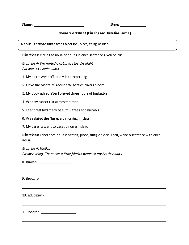 Nouns Practice Worksheet