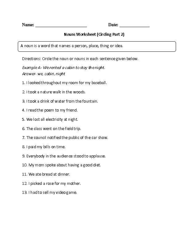 Practicing Nouns Worksheet Part 2