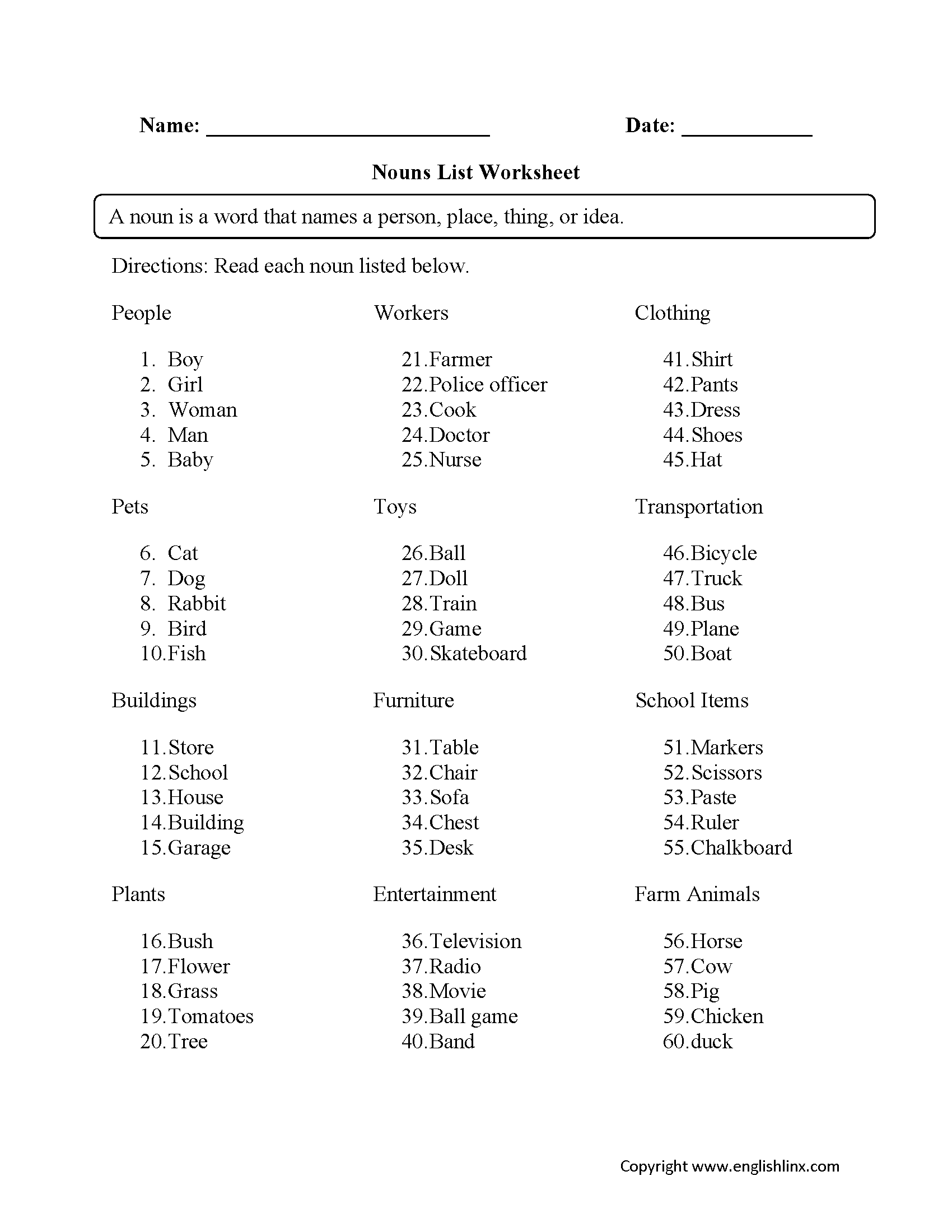 Nouns List Worksheet