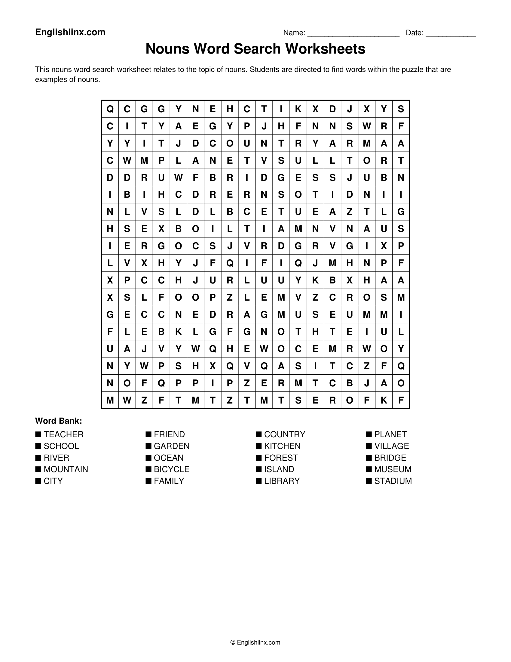 Nouns Word Search Worksheets
