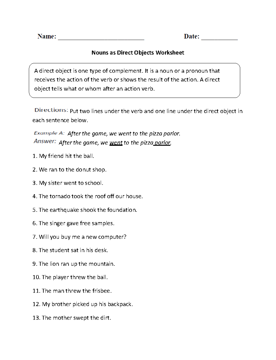 Action Verb Direct Object Worksheets