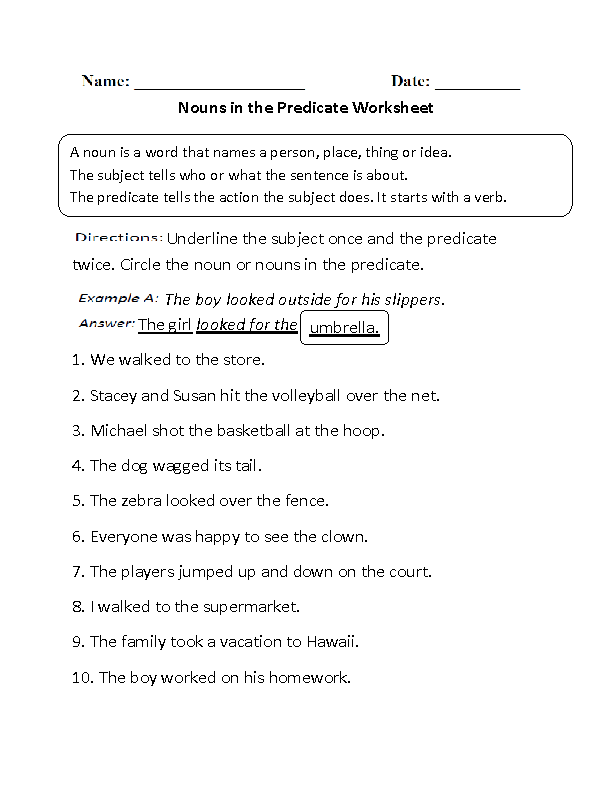 Nouns in Predicate Worksheet