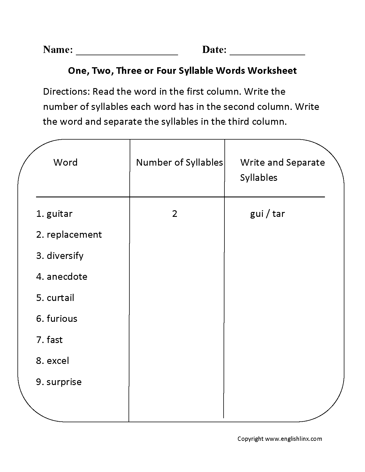 One, Two, Three or Four Syllable Words Worksheet