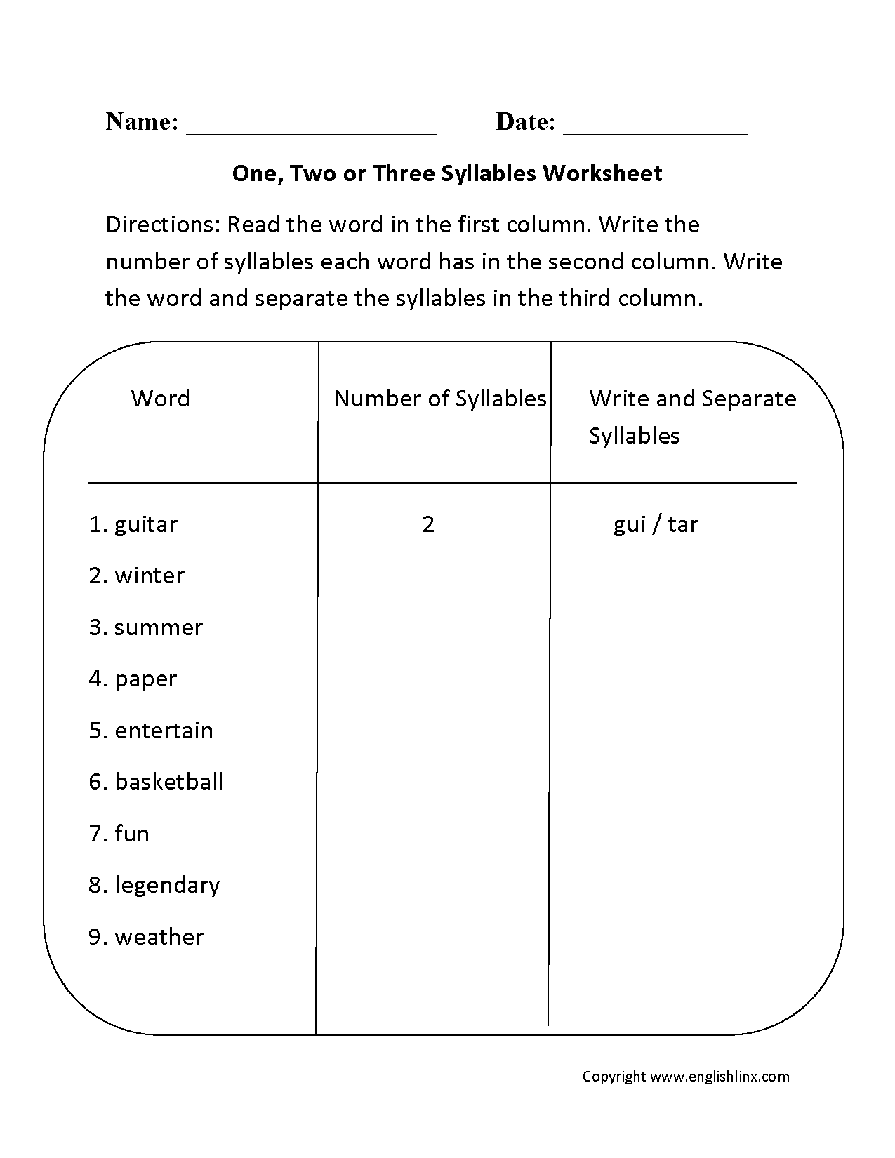 One, Two or Three Syllables Worksheet
