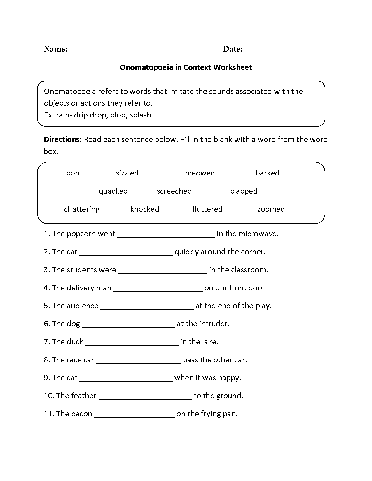 Onomatopoeia in Context Worksheet