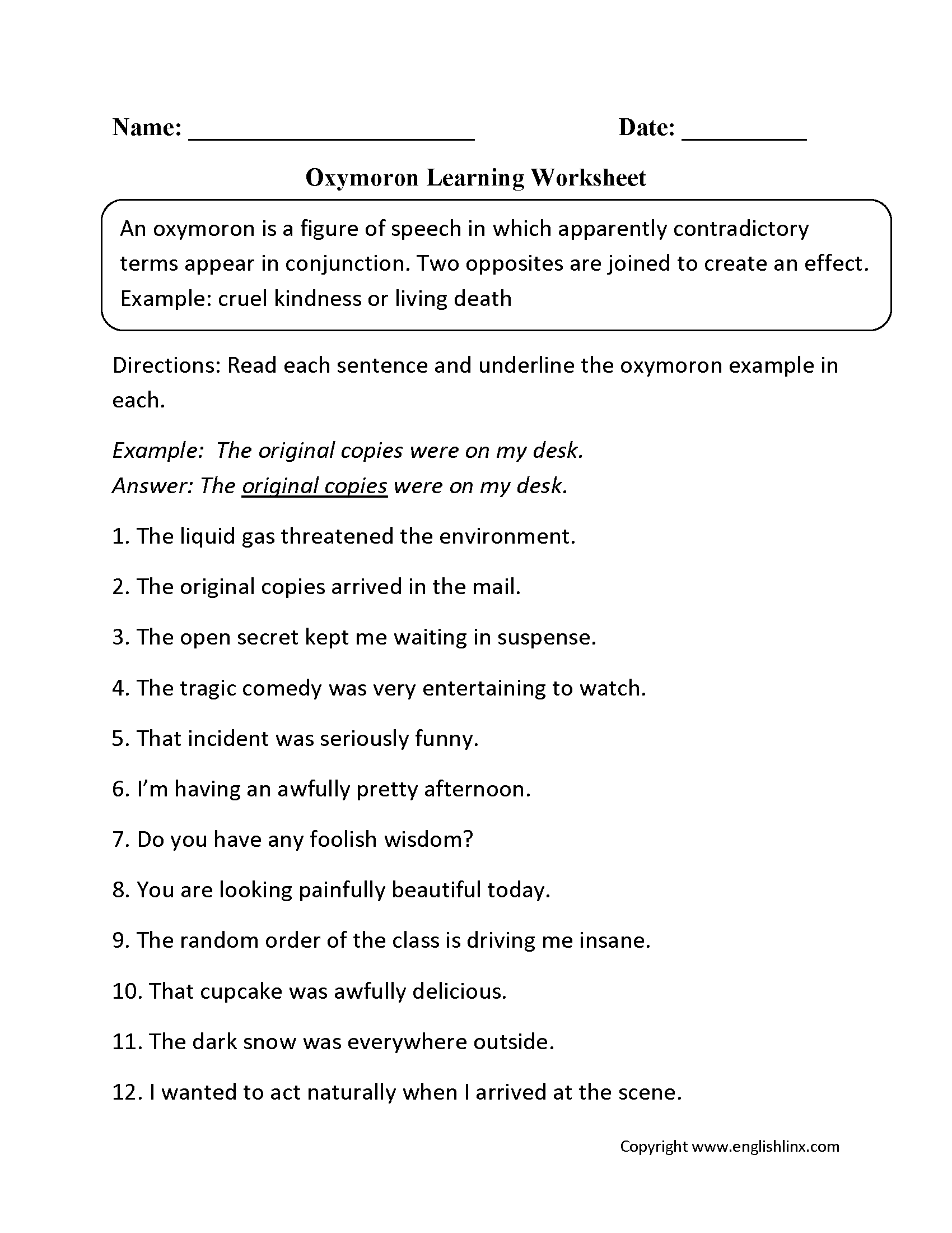 Oxymoron Figurative Language Worksheets