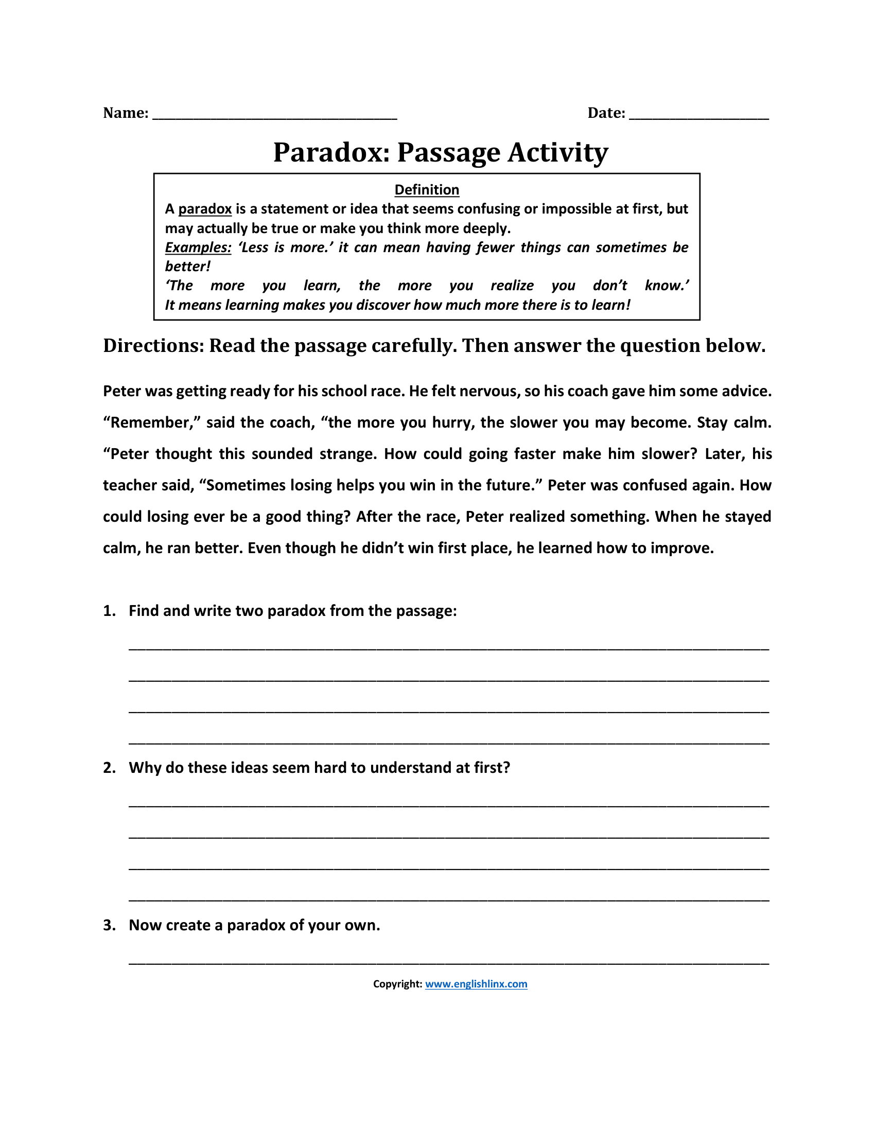Passage Paradox Worksheets