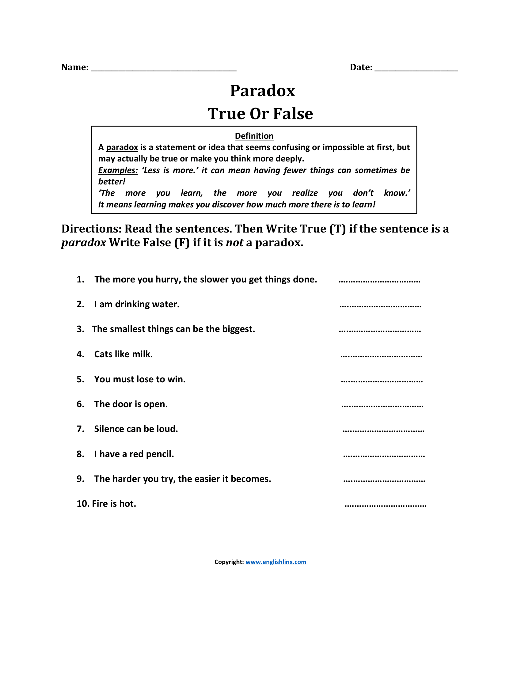True or False Paradox Worksheets