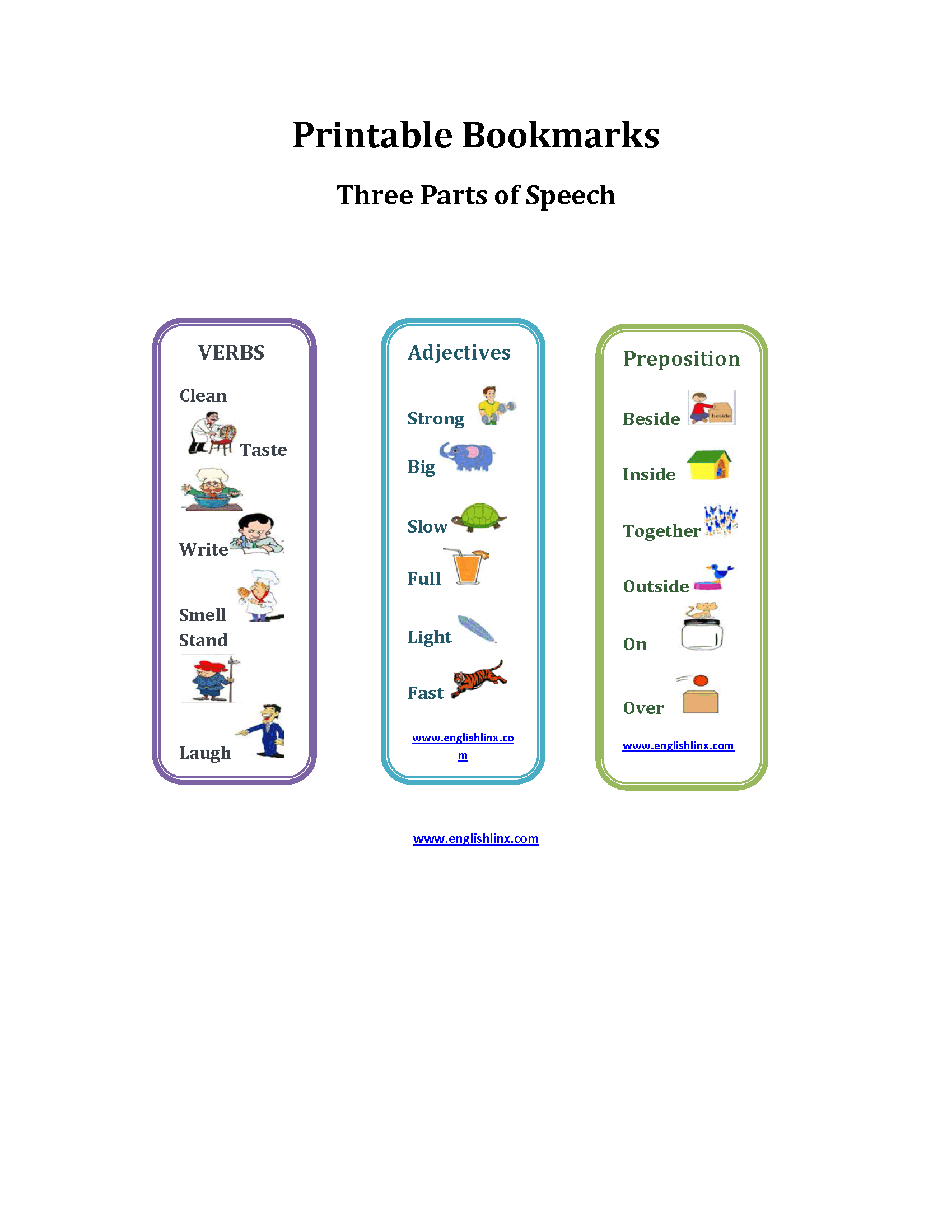 Parts of Speech Printable Bookmarks Worksheets