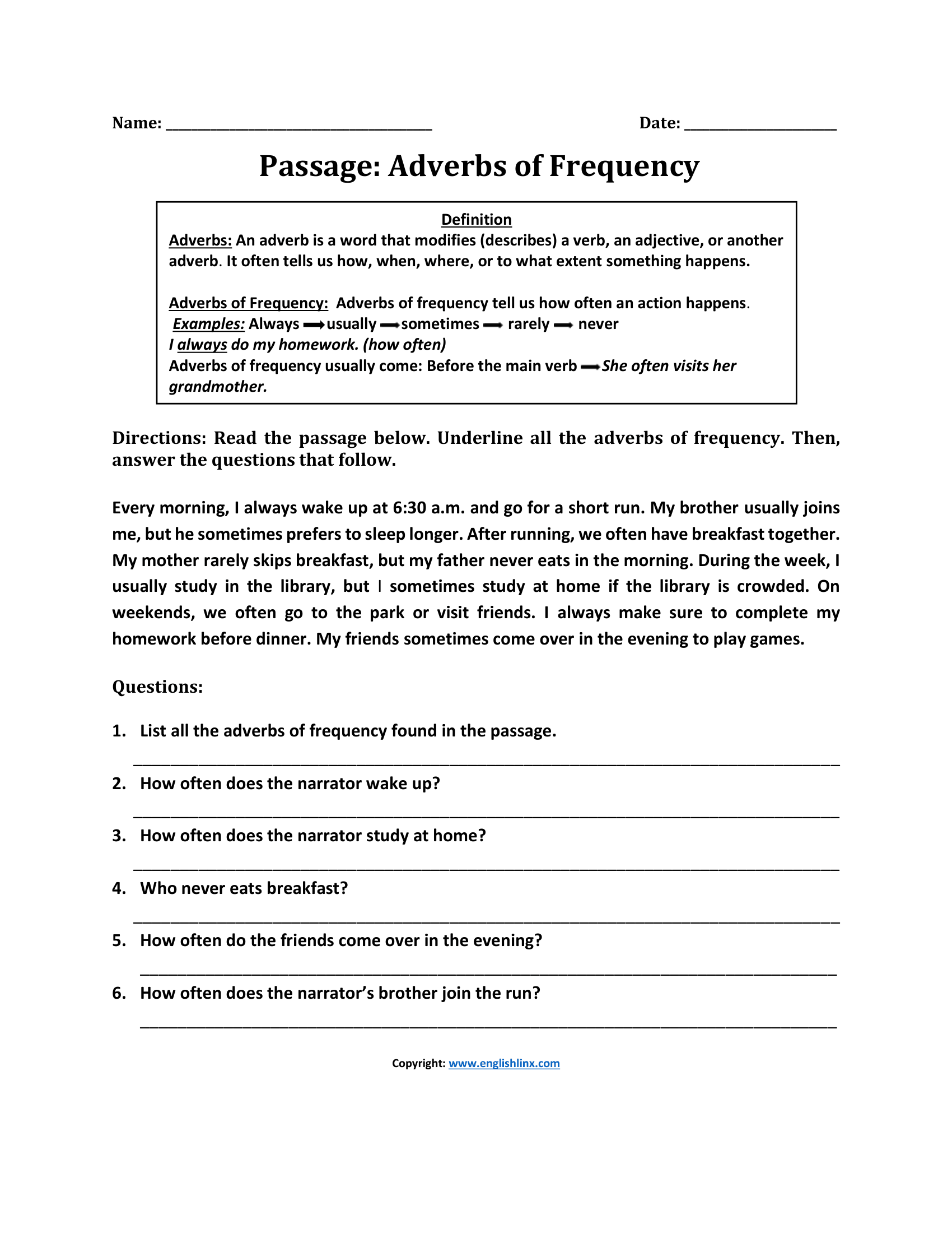 Passage Adverbs of Frequency Worksheets