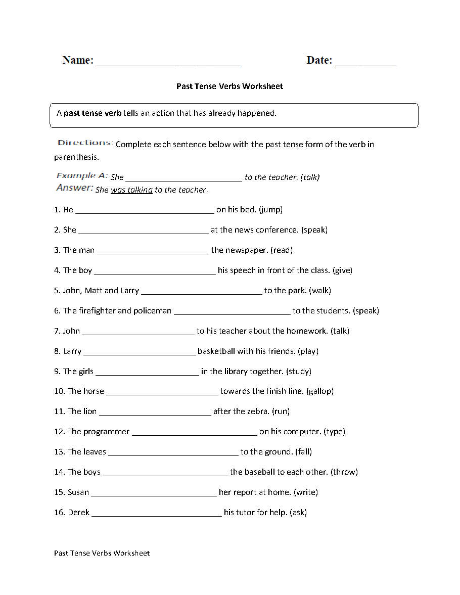 Past Tense Verbs Practice Worksheet