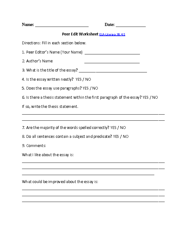 Peer Edit Worksheet ELA-Literacy.W.4.5 Writing Worksheet