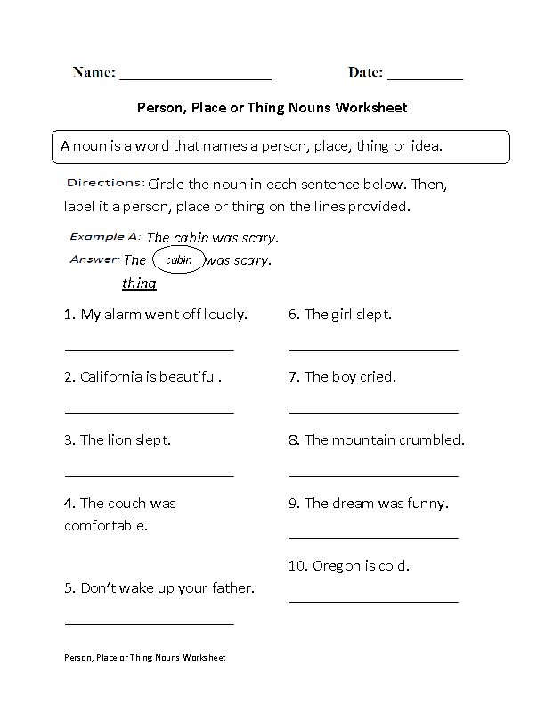 Person,Place or Thing Nouns Worksheet