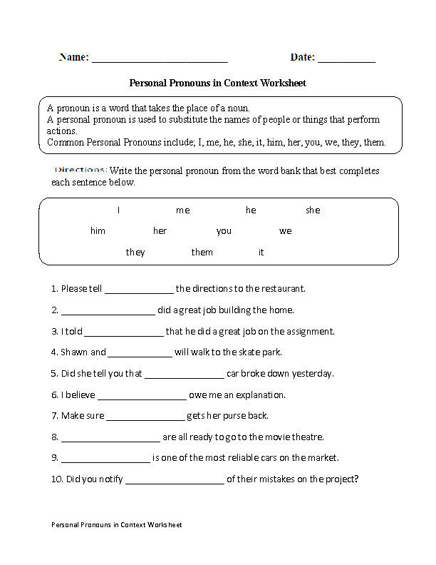 Personal Pronouns in Context Worksheet