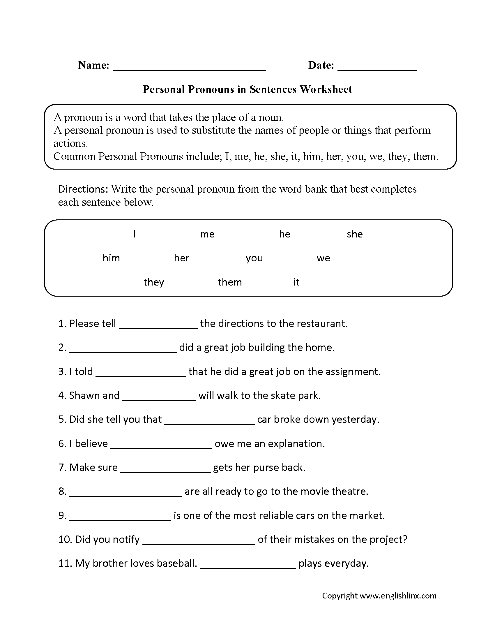 Personal Pronouns in Sentences Worksheets