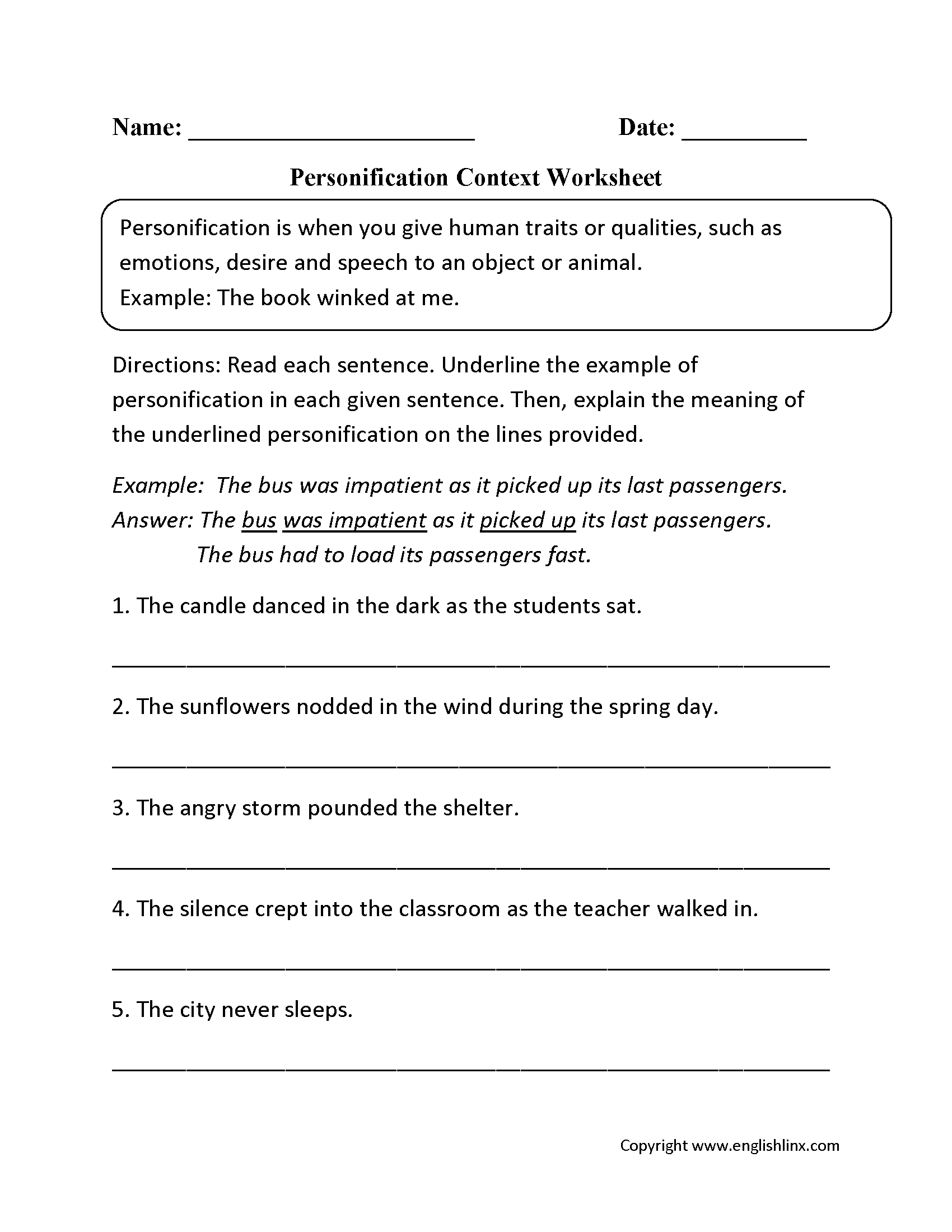 Personification Context Worksheets