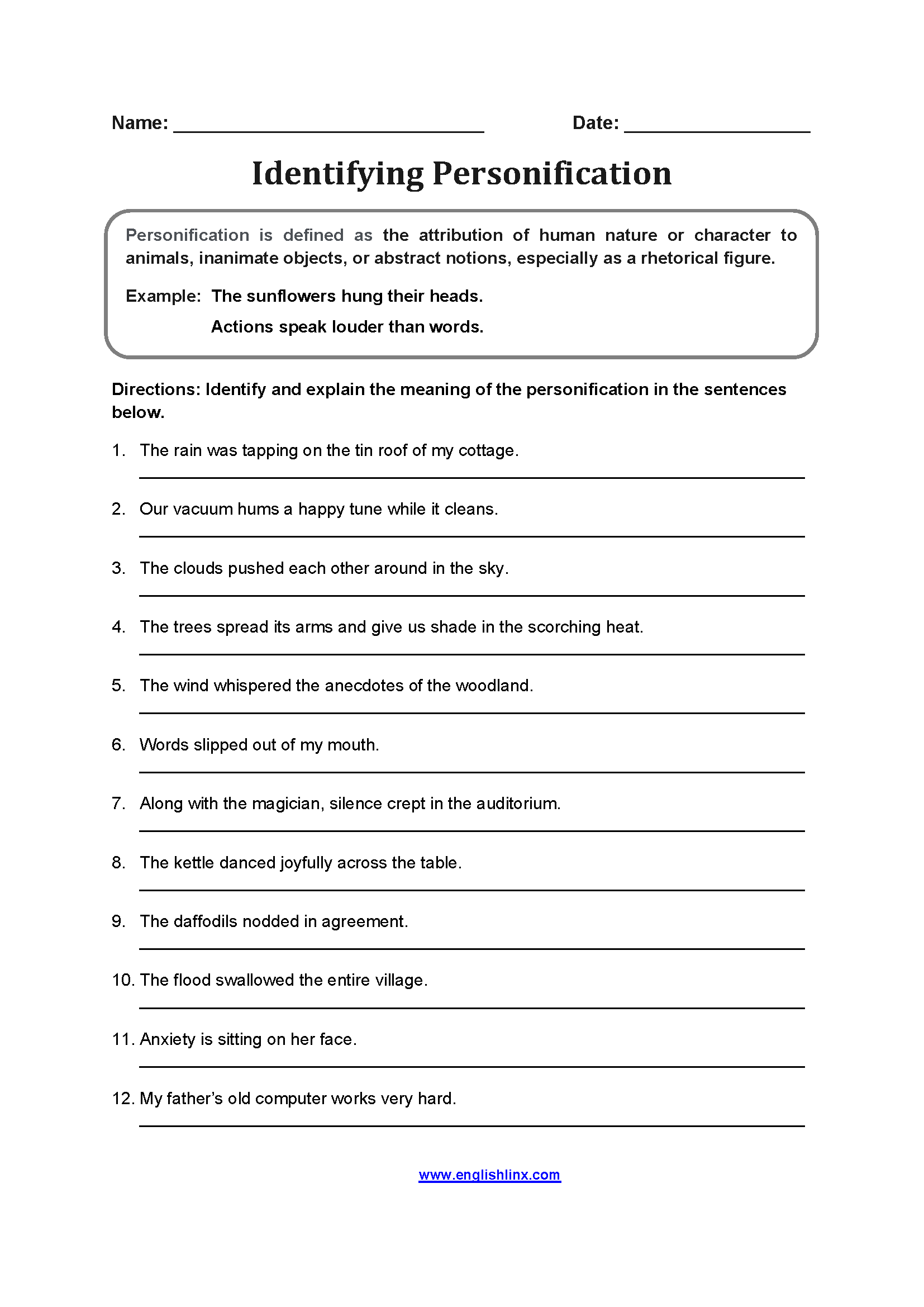 Personification Identifying Worksheets