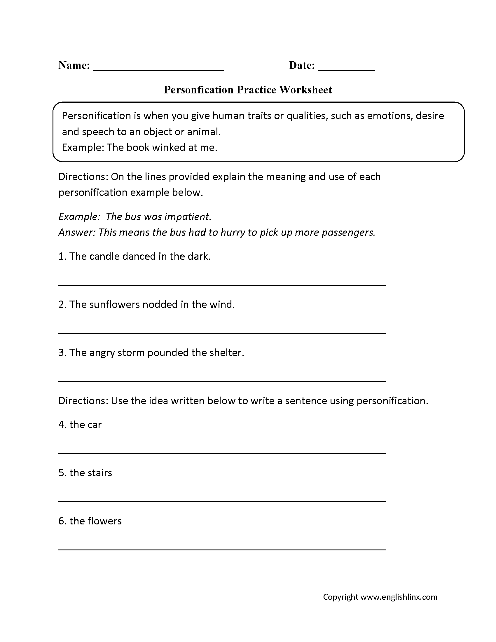 Personification Practice Worksheets