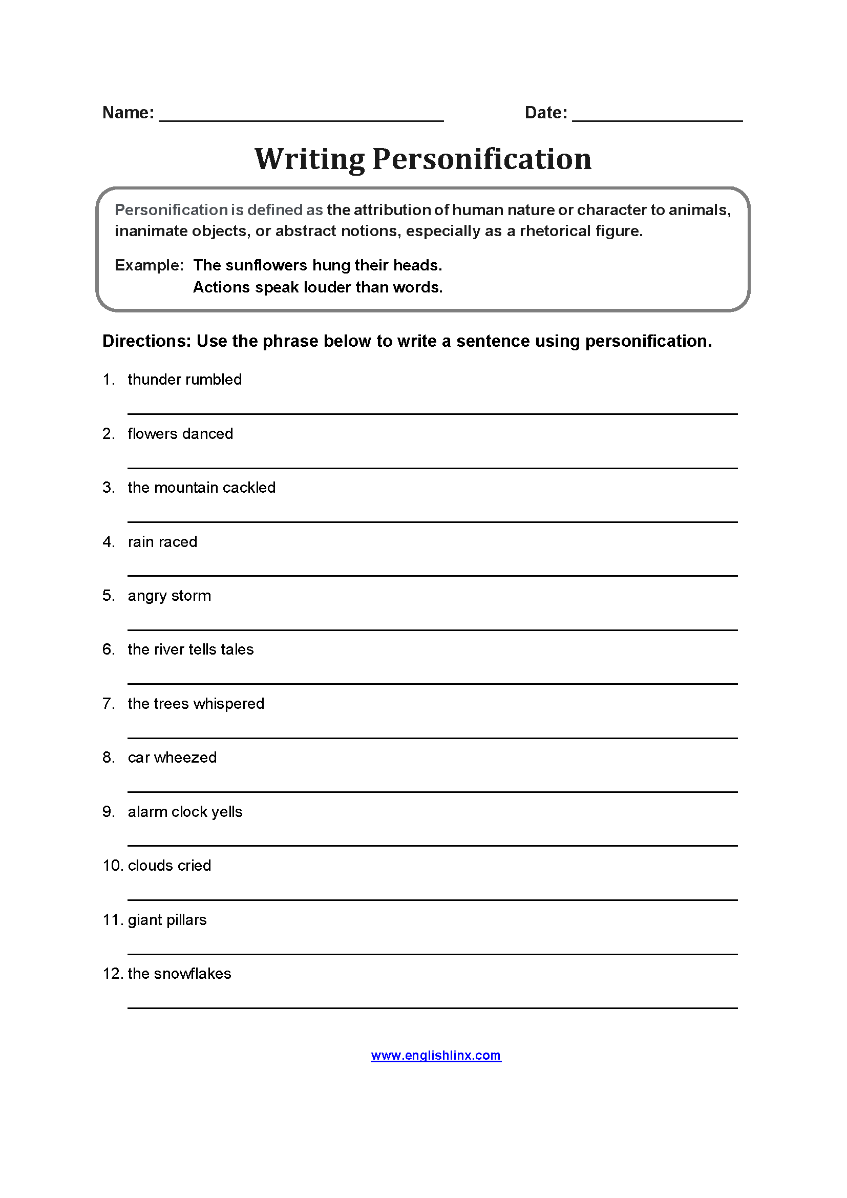 Personification Writing Worksheet