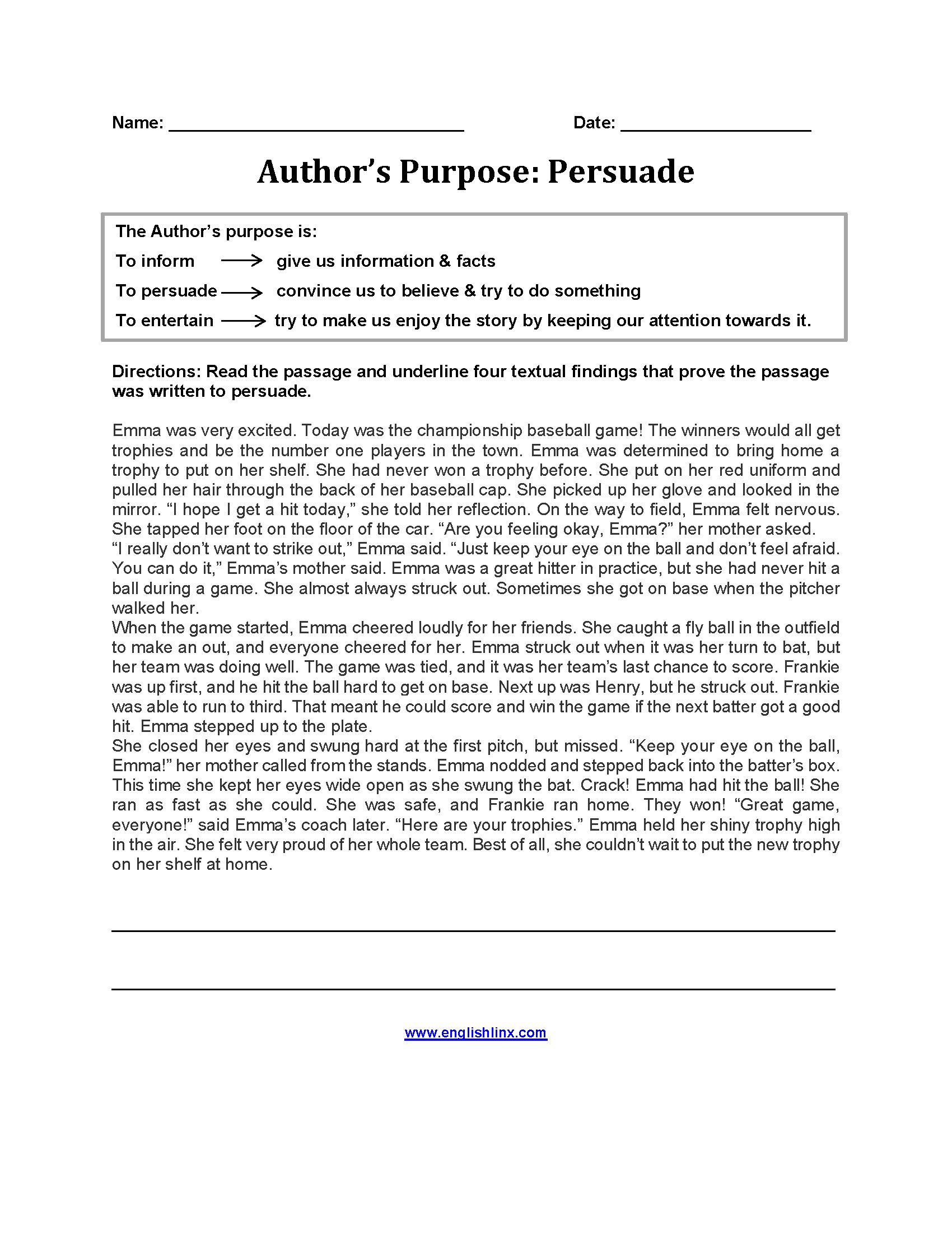 Persuade Author's Purpose Worksheets