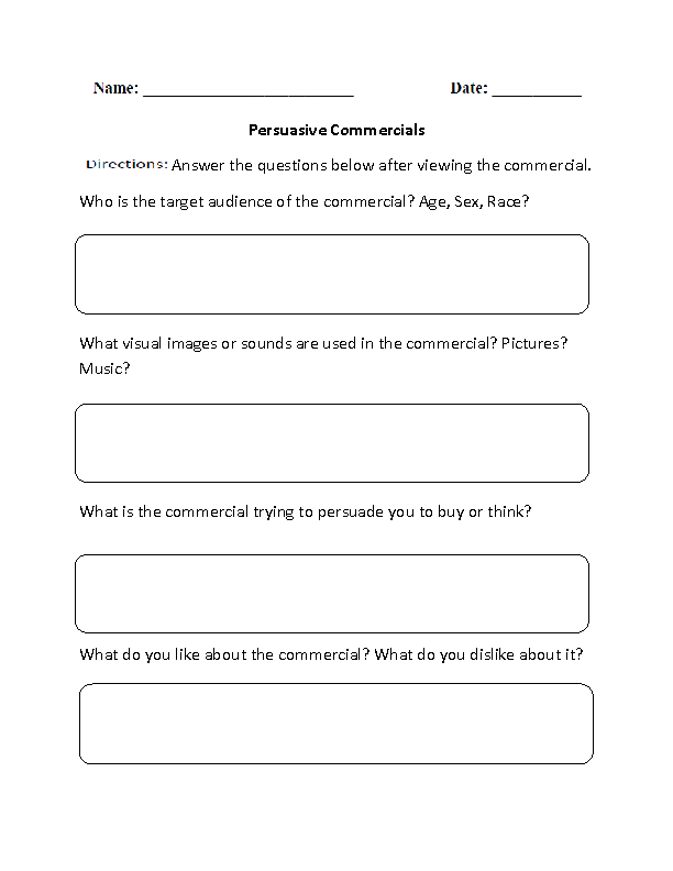 Persuasive Commercials Reading Comprehension Worksheets