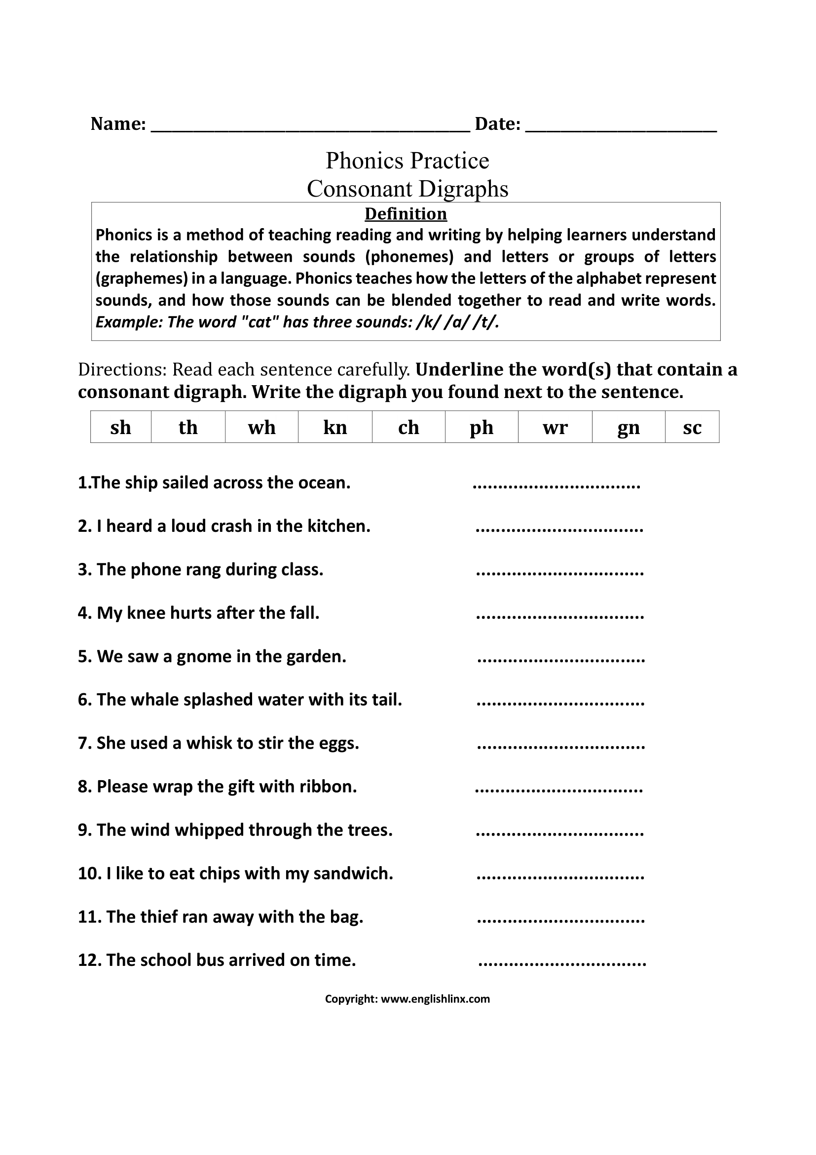 Practice Consonant Diagraph 1st Grade Phonics Worksheets