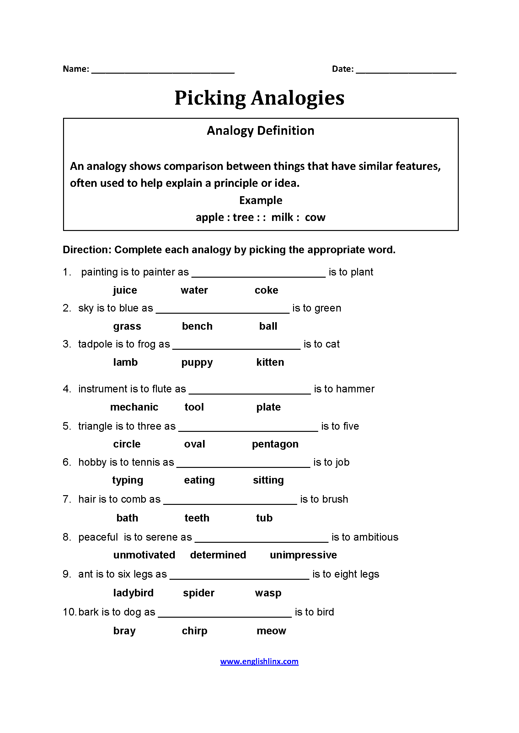 Picking Analogy Worksheets
