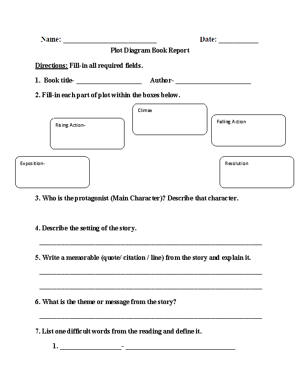 Plot Diagram Book Report Worksheet