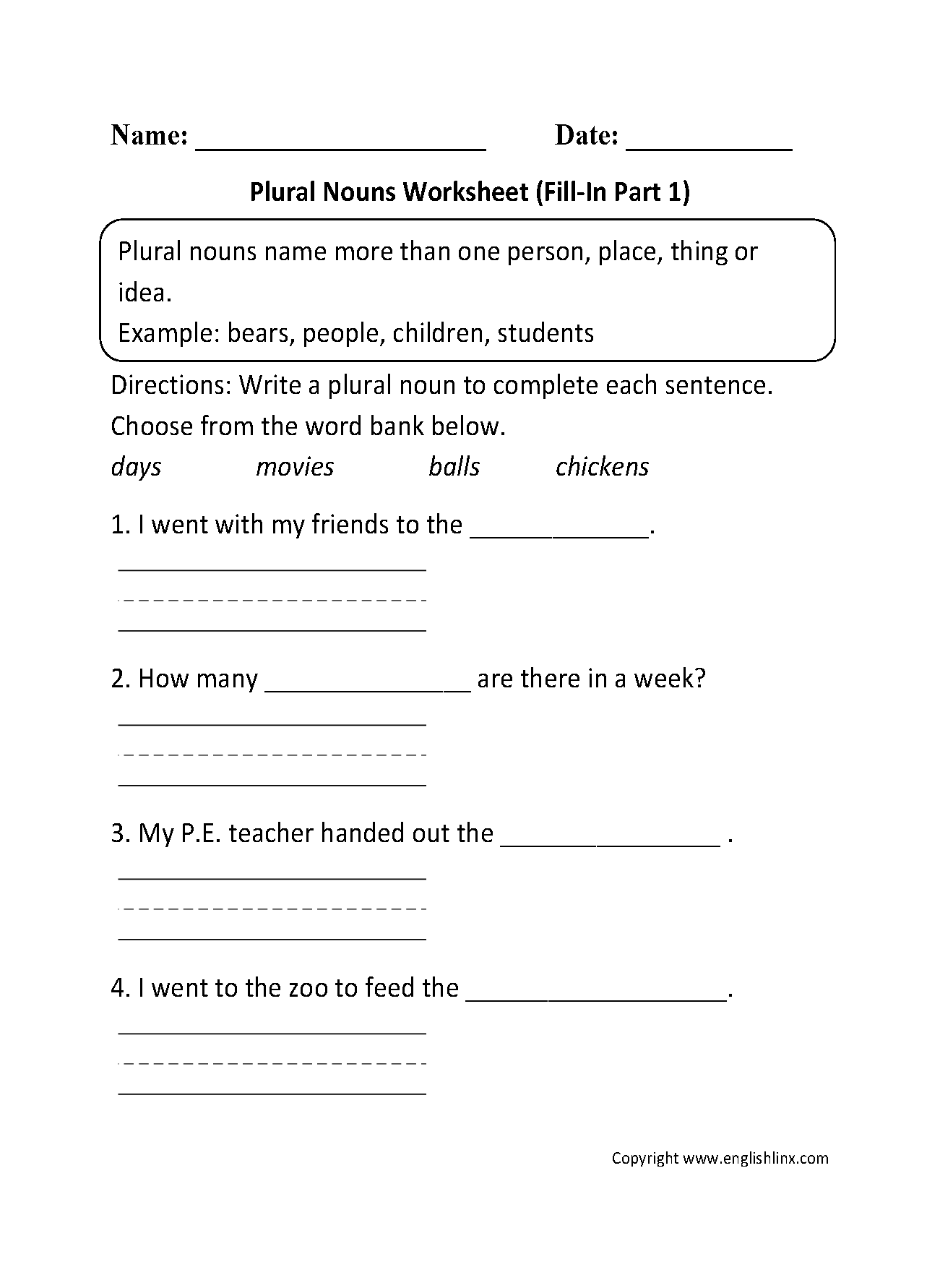 Singular And Plural Nouns Worksheets Fill In Plural Nouns Worksheet Part 1