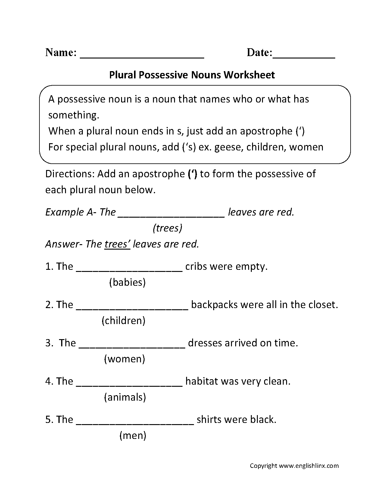 Possessive Nouns Worksheets Plural Possessive Nouns Worksheets