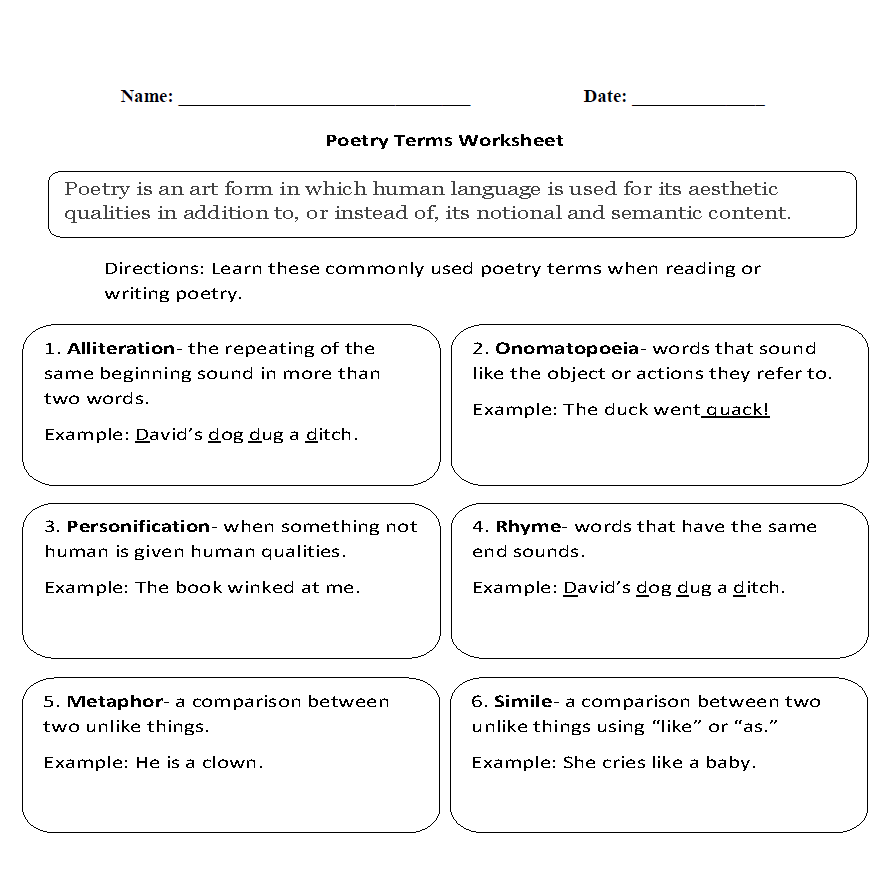 Poetry Worksheets | Poetry Terms Worksheet