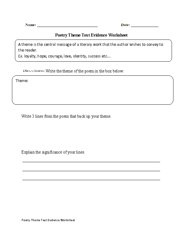 Poetry Theme Text Evidence Worksheets