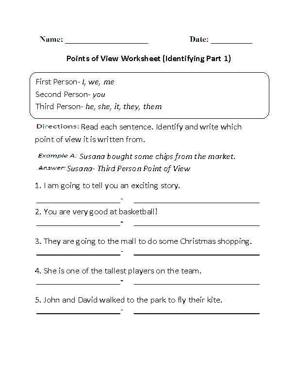 Point Of View Worksheets Identifying Points Of View Worksheet Part 1