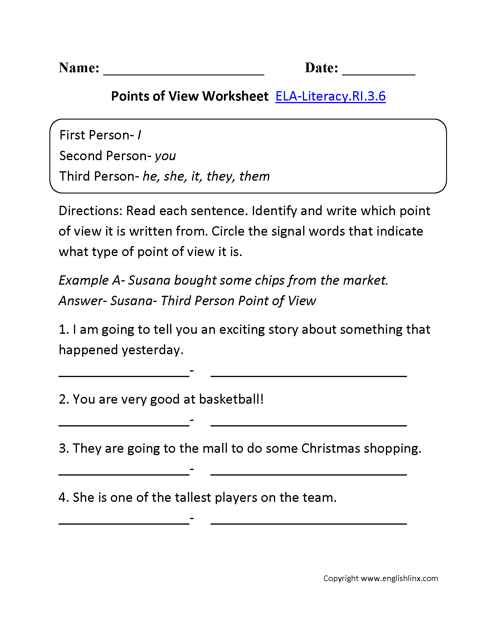 Point of View Worksheet ELA-Literacy.RI.3.6 Reading Informational Text